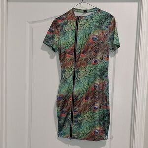 SHEIN Vibrant Peacock Feather Print Mini Dress Size Medium NWOT